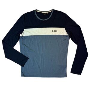 Boss mens S Small blue stripe long sleeve crewneck sleeping t-shirt EUC